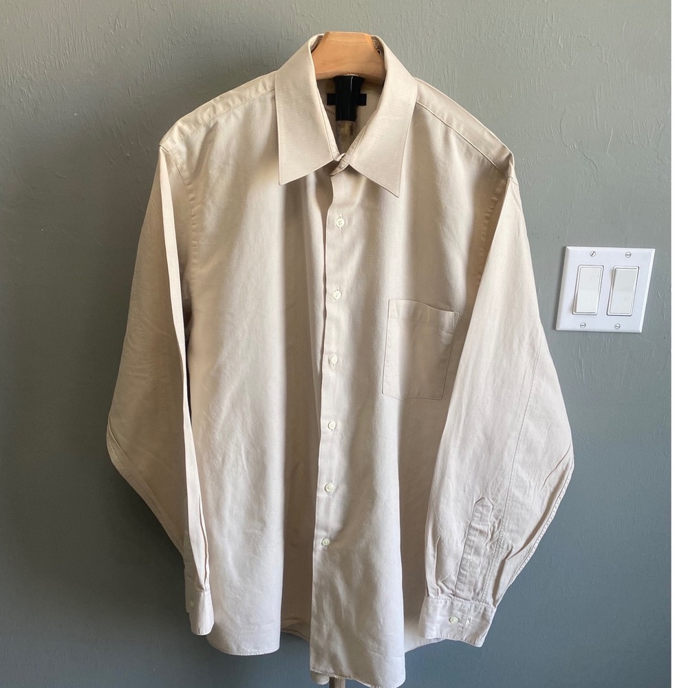 DKNY Mens Beige Cotton Button Down Dress Shirt 16.5 34/35 Tan Long Sleeve Pocket